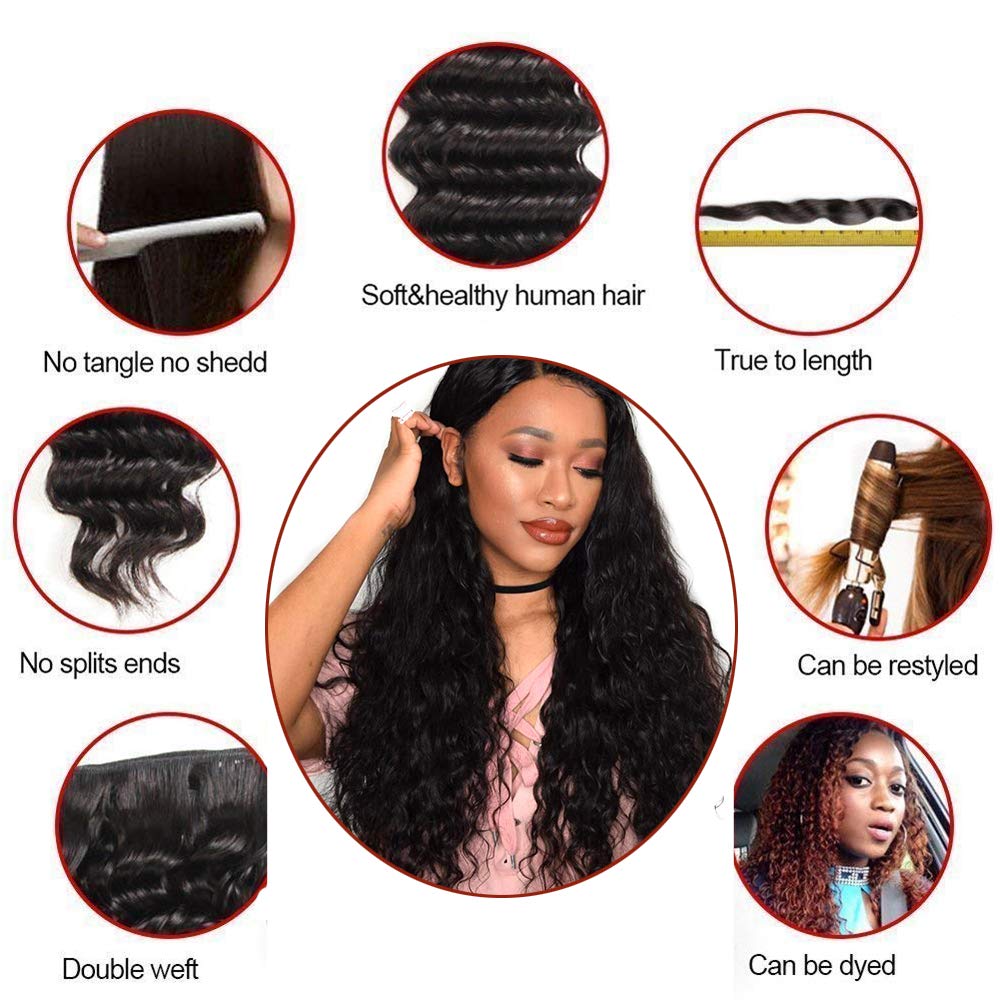 Water Wave Bundles With Closure (16 18 20 +14) Brazilian Virgin Human Hair Curly Wave 3 Bundles with Closure Free Part Wet and Wavy Human Hair Weave Bundles With 4inch x 4inch Closure Natural Color