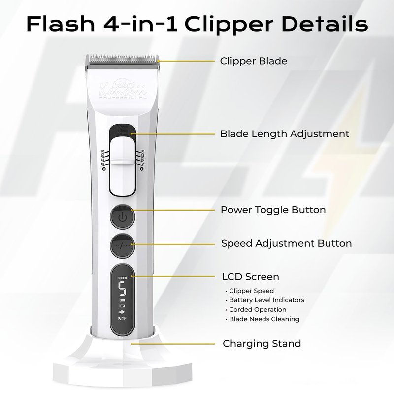 Kenchii Flash Dog Clippers for Grooming 4-in-1 Digital Cordless Cat & Dog Grooming Clipper for Pet Care, Precision Pet Grooming Trim, Shape, and Style Effortlessly, White