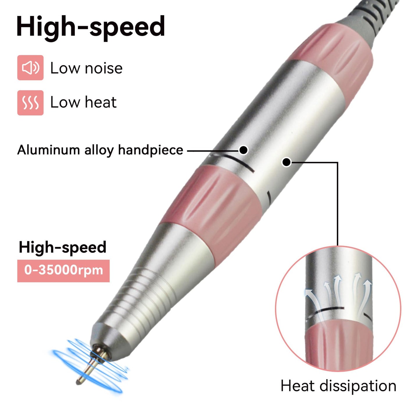 35000rpm Electric Nail Drill Pen, Nail Drill Handpiece Replacement, Aluminum Alloy File Acrylic Powder Remover Gel Polisher Grinder Portable Manicure Pedicure Art Tool