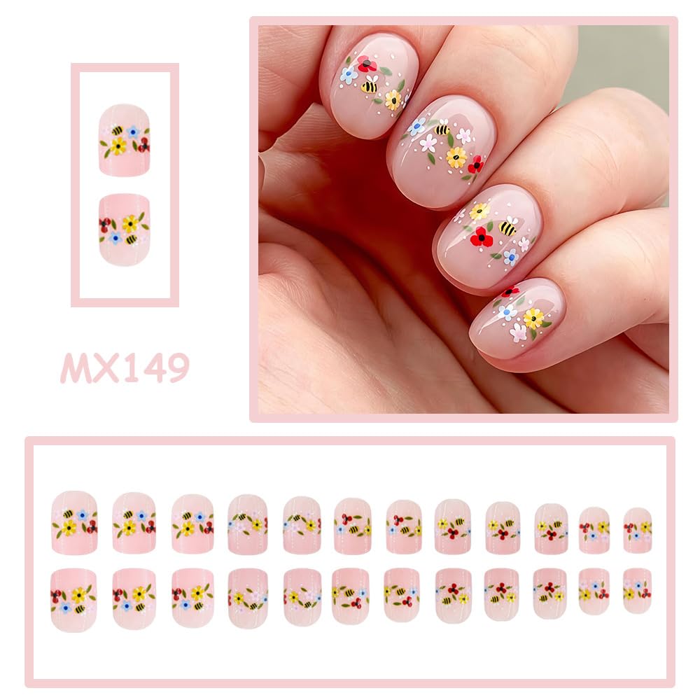 Spring Flowers Press on Nails Short Square Fake Nails with Colorful Flower | Bee Designs Acrylic False Nails Glossy Nude Glue on Nail Reusable Press ons Stick on Nails for Women Manicure 24Pcs