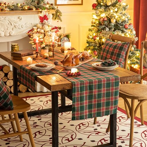 Plaid Christmas Table Runner - 72 Inch Holiday Decor, Polyester