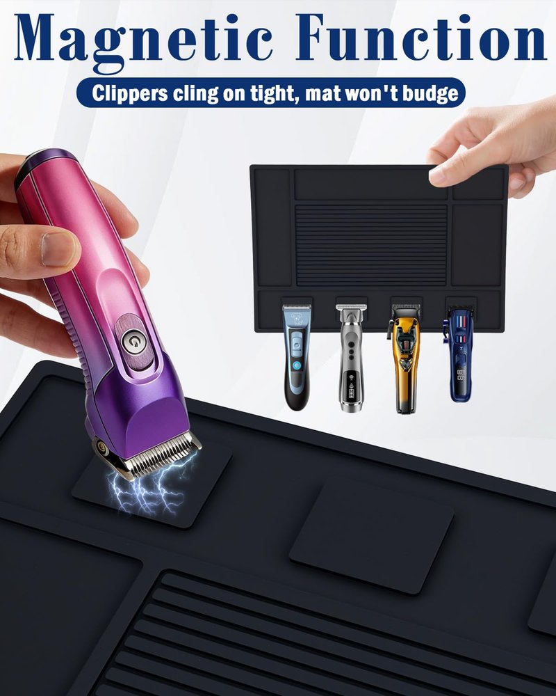 Lady Up Magnetic Barber Mat, 4 Strong Magnets Holder for Clippers, Anti-Slip Silicone Barber Station Mat for Barbershop Accessories, Heavy Duty Barber Mats for Clippers with Tools Slots