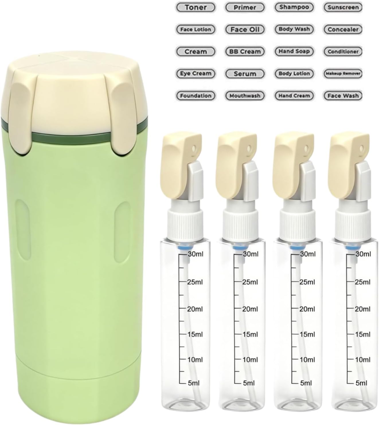 Travel Dispenser Set - 4 Pack 30ML Leak Proof Travel Bottles for Toiletries | Portable Shampoo, Lotion, Conditioner, Cream (Green)