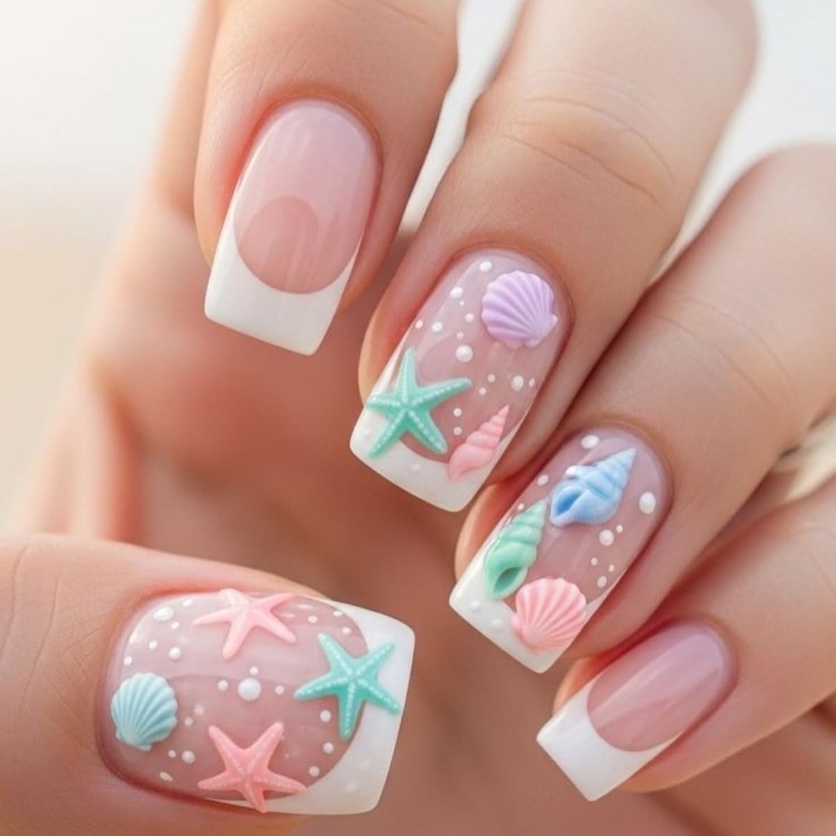 Press On Nails - Short Square Beach Design with Starfish & Shells | 24 Pcs Full Cover Acrylic Fingernails for Women