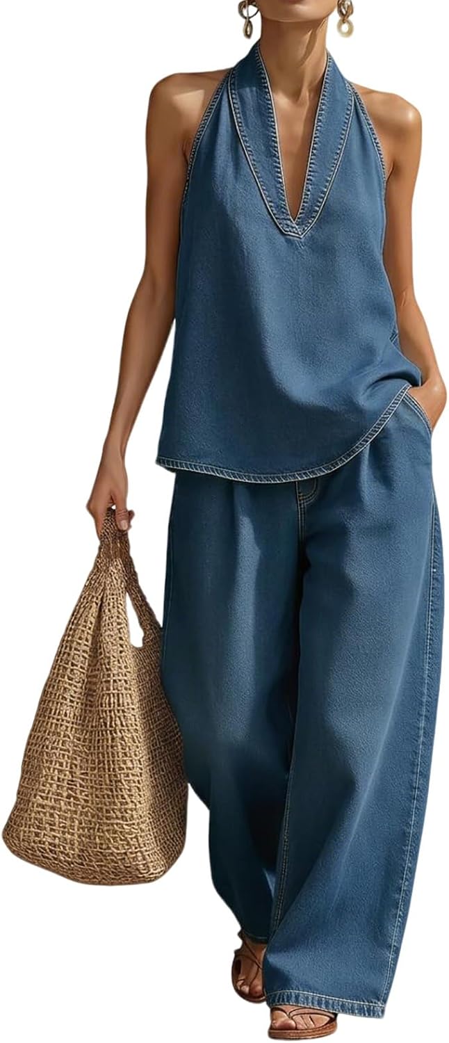 Women's Denim Outfit - Minimalist Halter Neck Top & High-Waisted Wide Leg Pants | Casual Travel Set