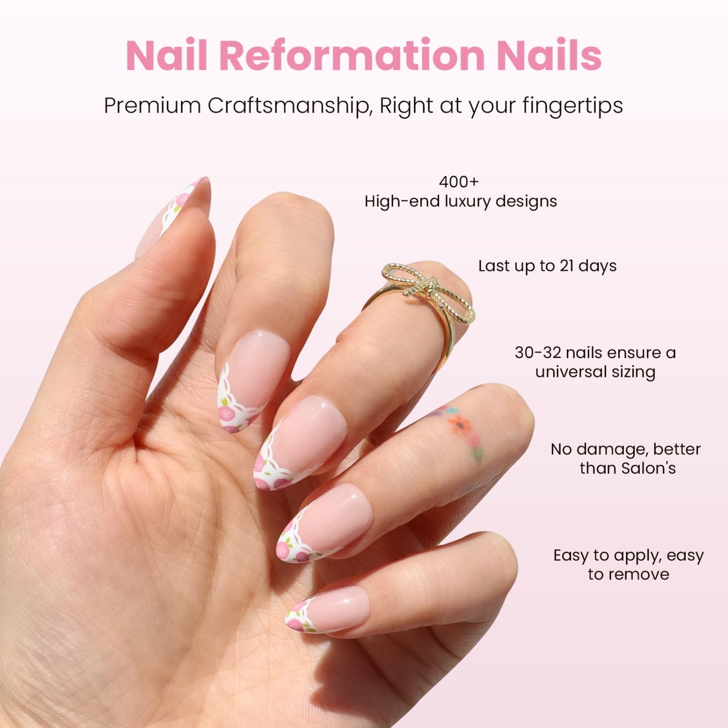 Fleur De Lace Press-On Nails - Short Almond Fake Nails with Lace French Tip & Floral Design | 16 Sizes, Reusable 32 Nail Kit