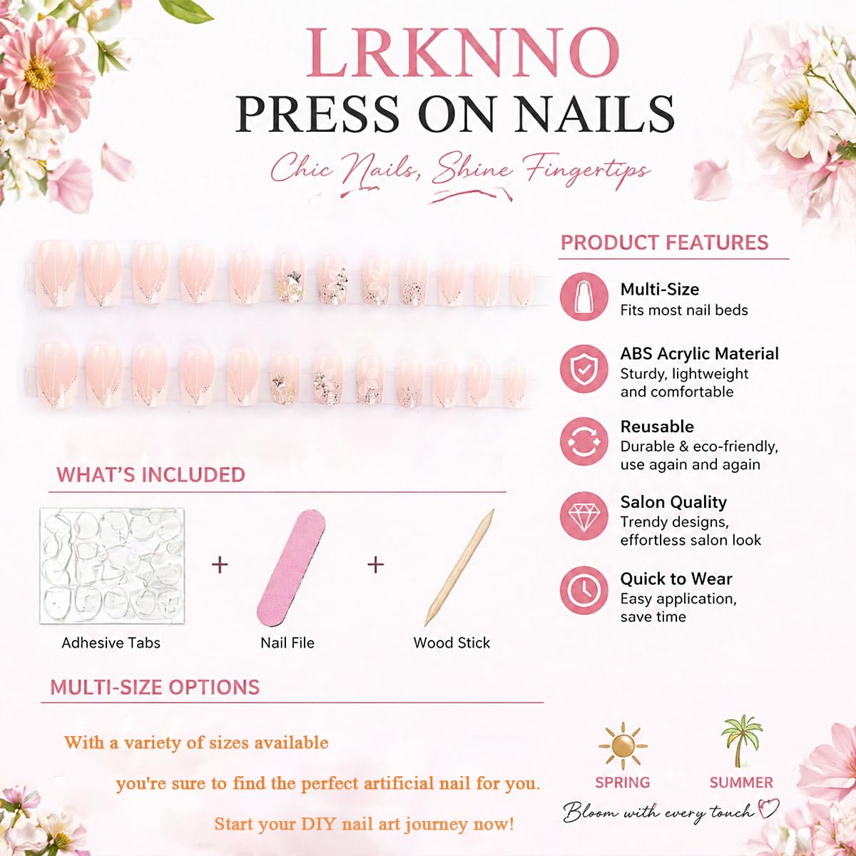 Short Square Press-On Nails - 24 Pcs French Tip with 3D Flower & Star Rhinestones | Full Cover Acrylic, Reusable