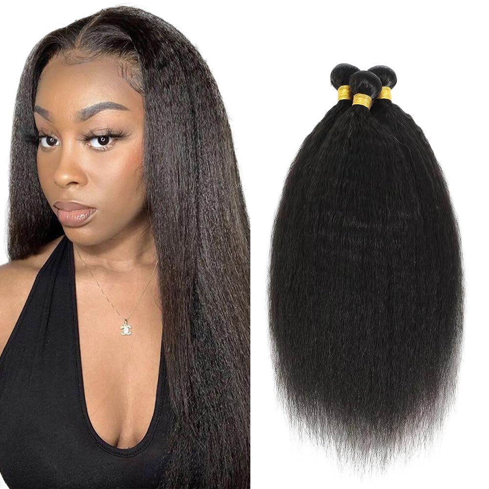 Human Hair Bundles Kinky Straight Bundles 30 30 30 Inch #1B Natural Black Yaki Straight Bundle Unprocessed Brazilian Virgin Weave Hair 3 Bundle 50 Gram Per Bundle