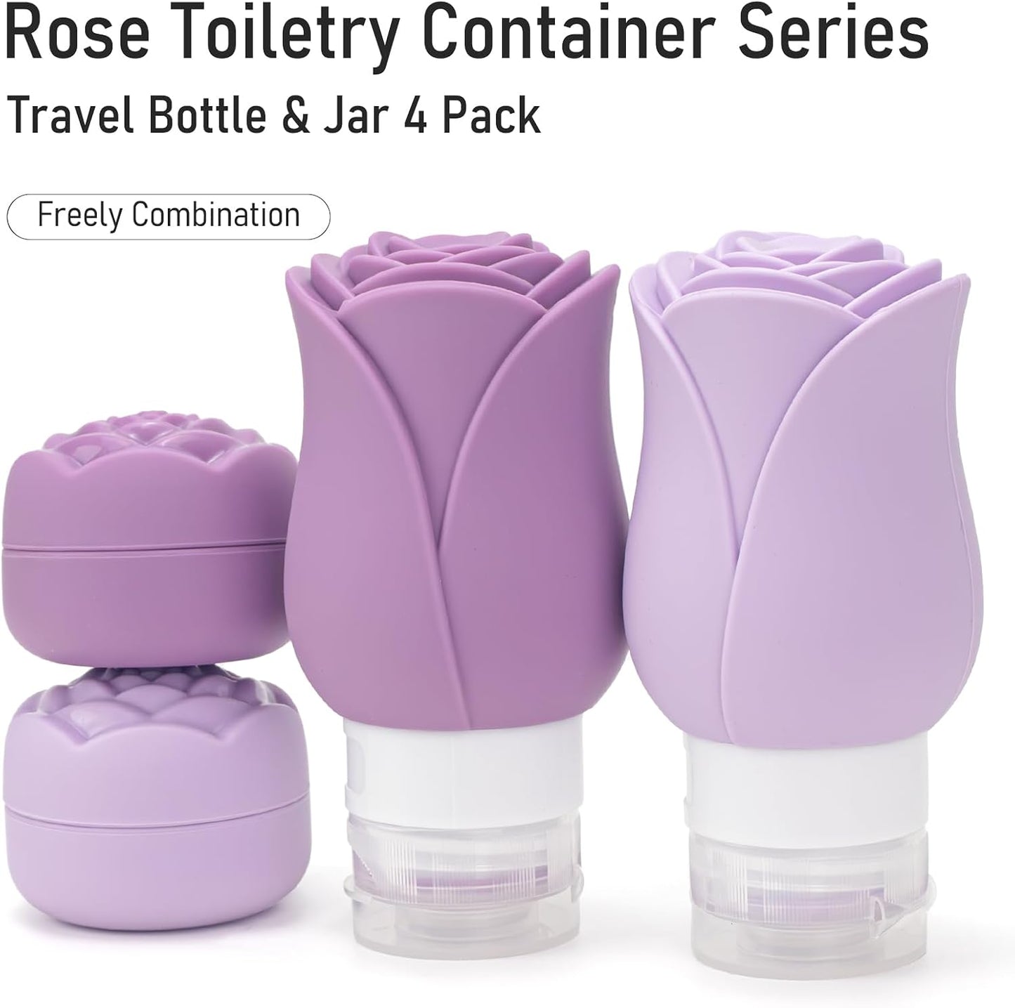 Travel Toiletry Containers - 4 Pack Leakproof 3oz Bottles & Mini Jars | BPA-Free Silicone Squeeze Tubes in Purple Rose