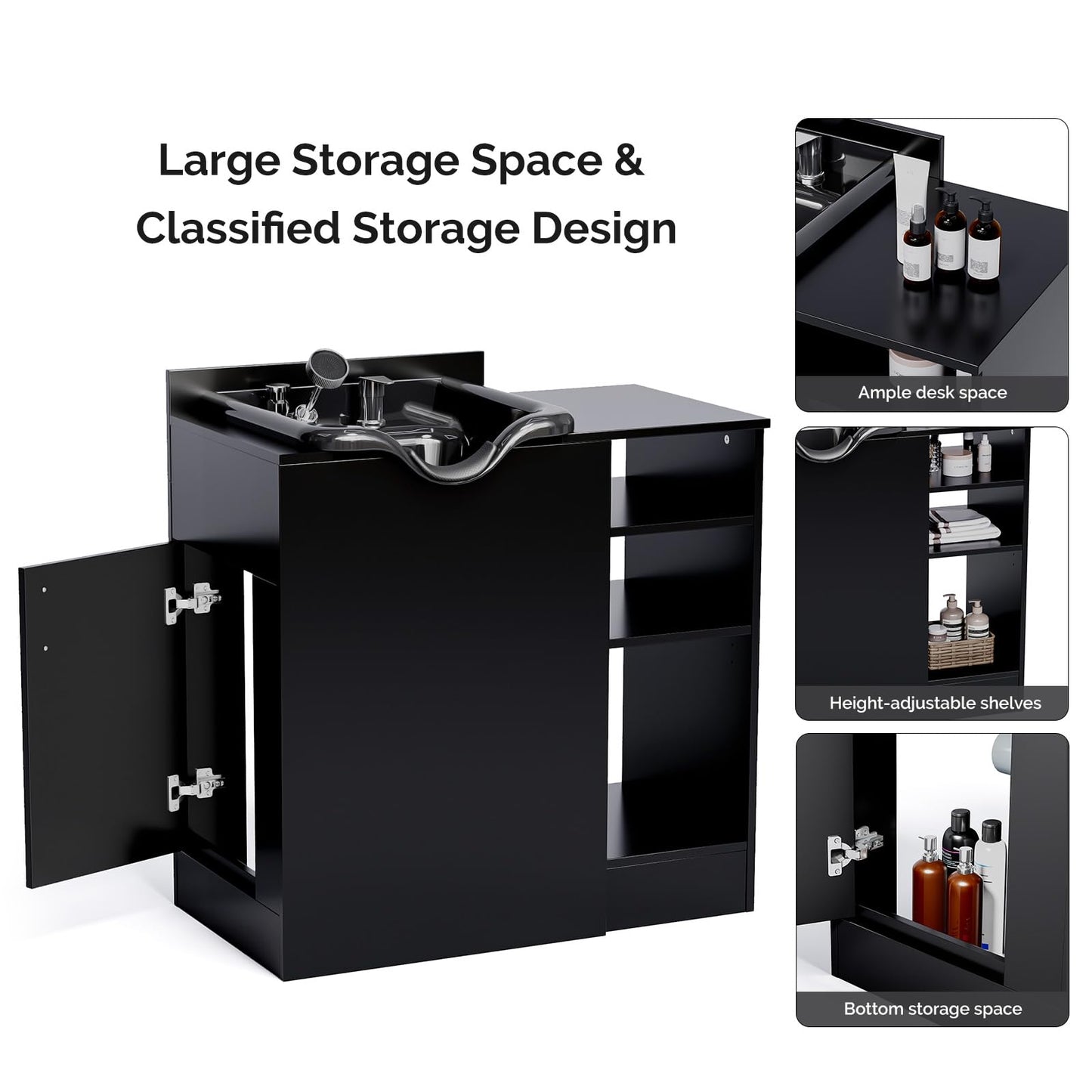 OmySalon Shampoo Bowl with Cabinet, Portable Salon Hair Washing Station with Adjustable Shelf, UPC Certified Faucet, Freestanding Backwash Sink for Barber, Beauty Salon, Spa