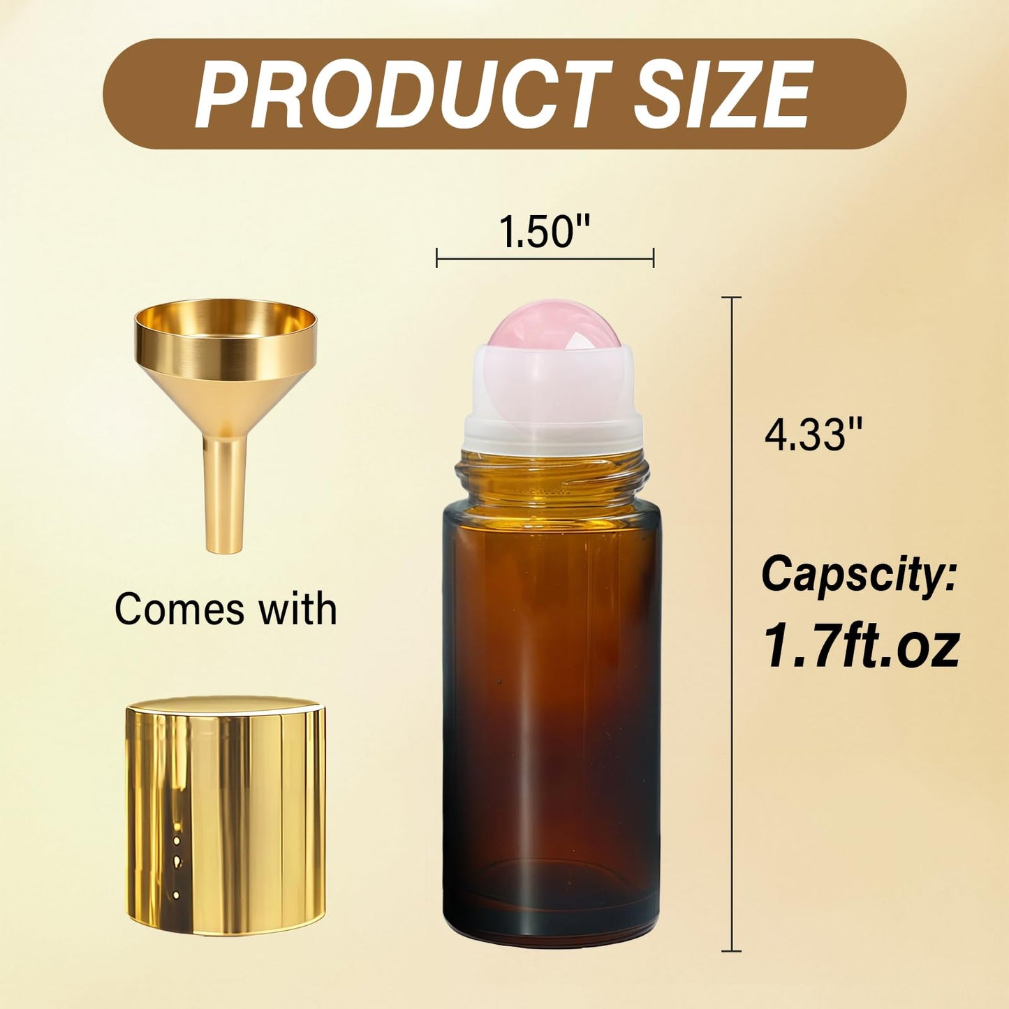 SilkGleam 5 Pack Amber Glass Essential Oil Roller Bottles, 50ml Rose Quartz Roll On Bottles with Natural Crystal Roller Balls, Leak-Proof Refillable Perfume Containers with Gold Caps for DIY & Travel