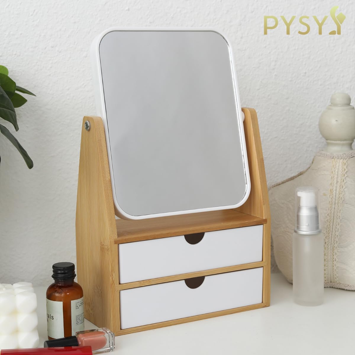 Magnifying Makeup Mirror - 1x/5x Dual-Sided with Bamboo Stand & Jewelry Storage Box | 360° Rotatable, Rectangle