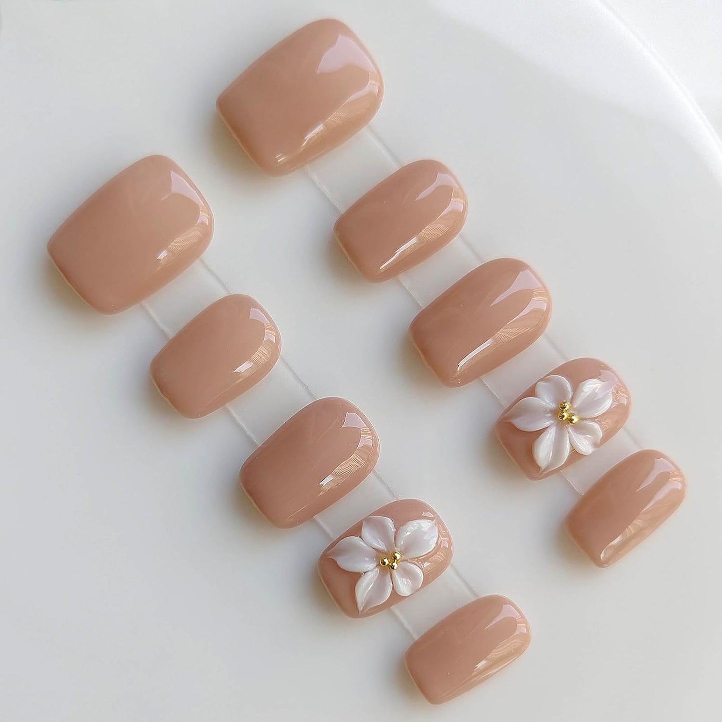 Pink Press On Nails - Handmade Short Square Style | M Size Daily Wear Y2K Cute French Design with Polka Dot & 3D Flowers - 10 Pcs