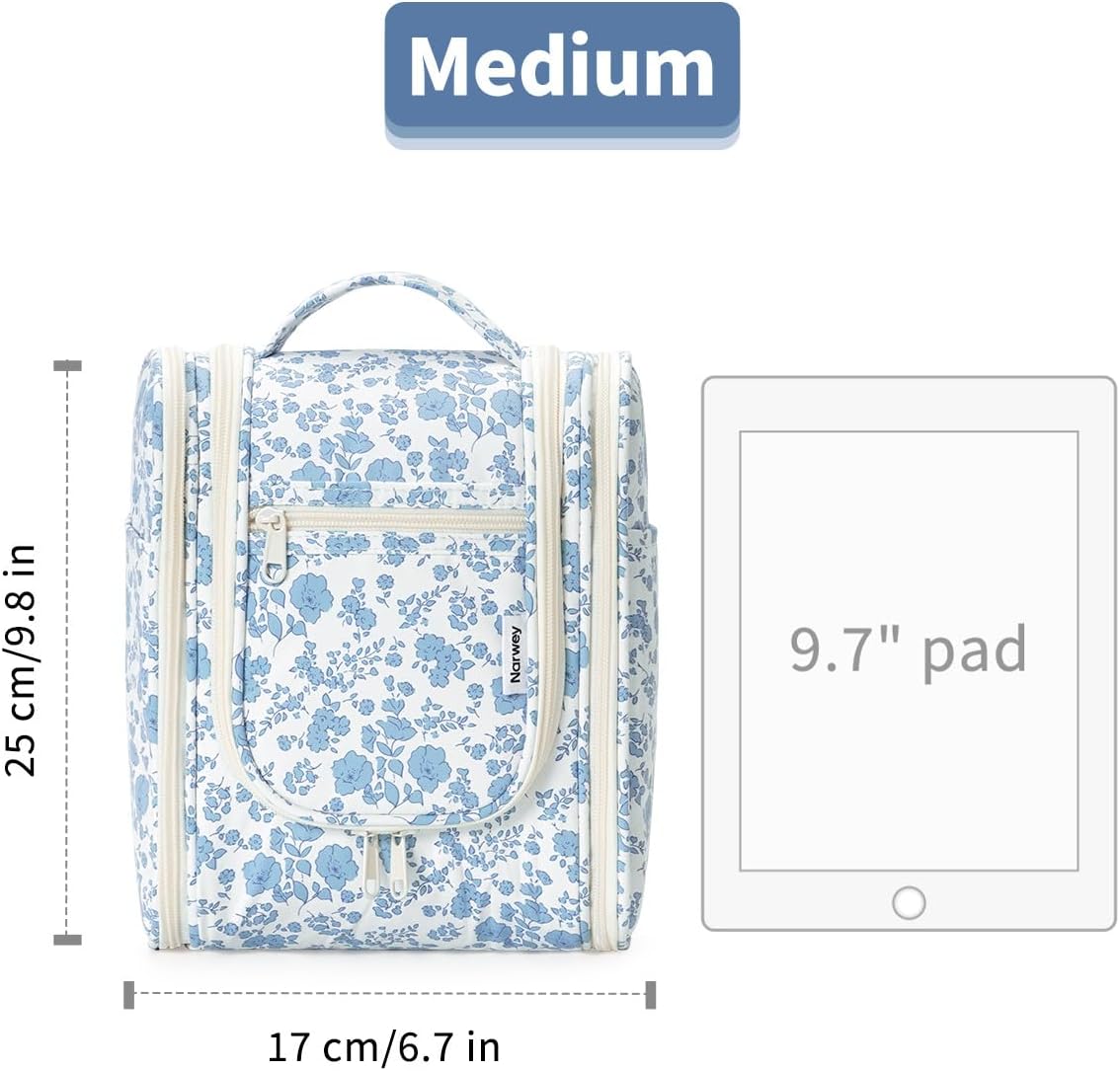 Narwey Hanging Toiletry Bag - Travel Makeup Organizer for Women | Medium Blue Floral Design