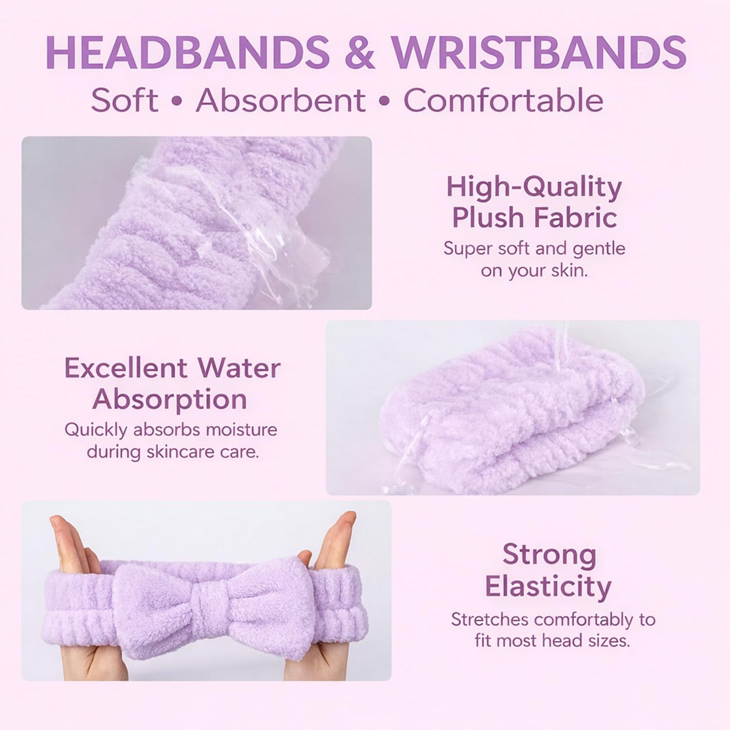 3-Piece Skincare Headband and Wristband Set, Fluffy Bow Spa & Face Wash Makeup Headband for Washing Face, Soft Microfiber Skin Care Tools for Women - Purple#1