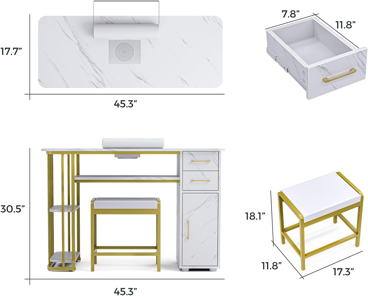 Manicure Table - Professional Nail Desk with Dust Collector & Stool | Modern White Design with Storage Cabinet & Drawers