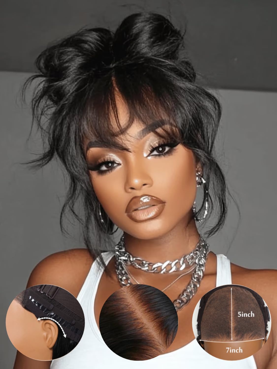 UNICE Loose Wave 7x5 Lace Front Wigs Human Hair with Curtain Bangs Bye Bye Knots Glueless Human Hair Wig Pre Plucked Pre Cut Bleached Knots Put on and Go Wig for Women 180% Density 18 Inch