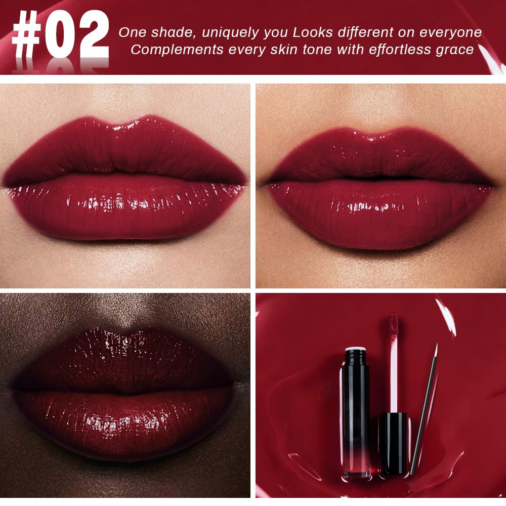 evpct Wine Red Shiny Longwear No-Budge Liquid Lip Color Lipstick Makeup, Highly Pigmented Color Instant Shine, Waterproof Long Lasting Lipstick for Women, Lip Stain Gloss with Lip Liner Brush, 02#