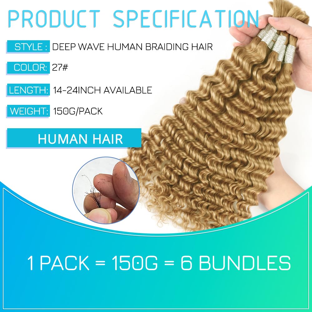 Blonde Human Braiding Hair for Boho Braids 22 Inch 6 Bundles Human Braiding Hair Deep Wave Hair Extensions 150g 27#