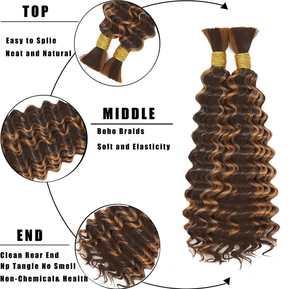 26 26 26 Inch Highlight Brown Human Braidng Hair For Boho Braids P4/30 Boho Human Hair Braiding Deep Wave Braids 3 Bundles/Pack Brown Color 150g