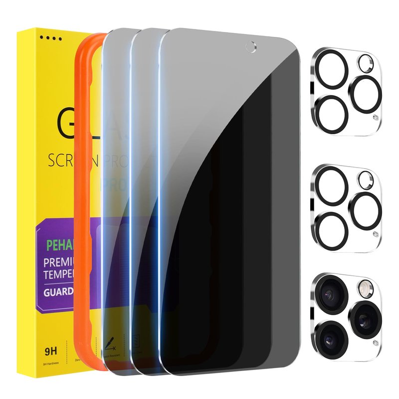 PEHAEL 3+3 Pack for iPhone 16 Pro Privacy Screen Protector with Camera Lens Protector Full Coverage Anti-Spy Tempered Glass Film 9H Hardness Easy Installation Bubble Free [6.3 inch]