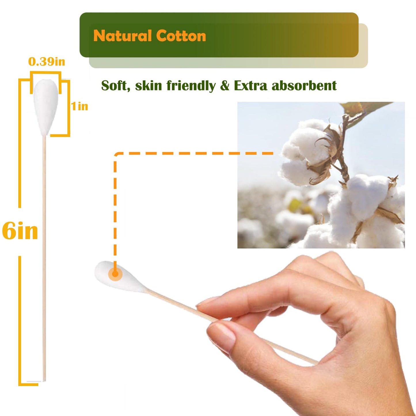 Large Cotton Swabs for Pet Care - 6 Inch Natural Cotton with Bamboo Sticks | 100 Pack