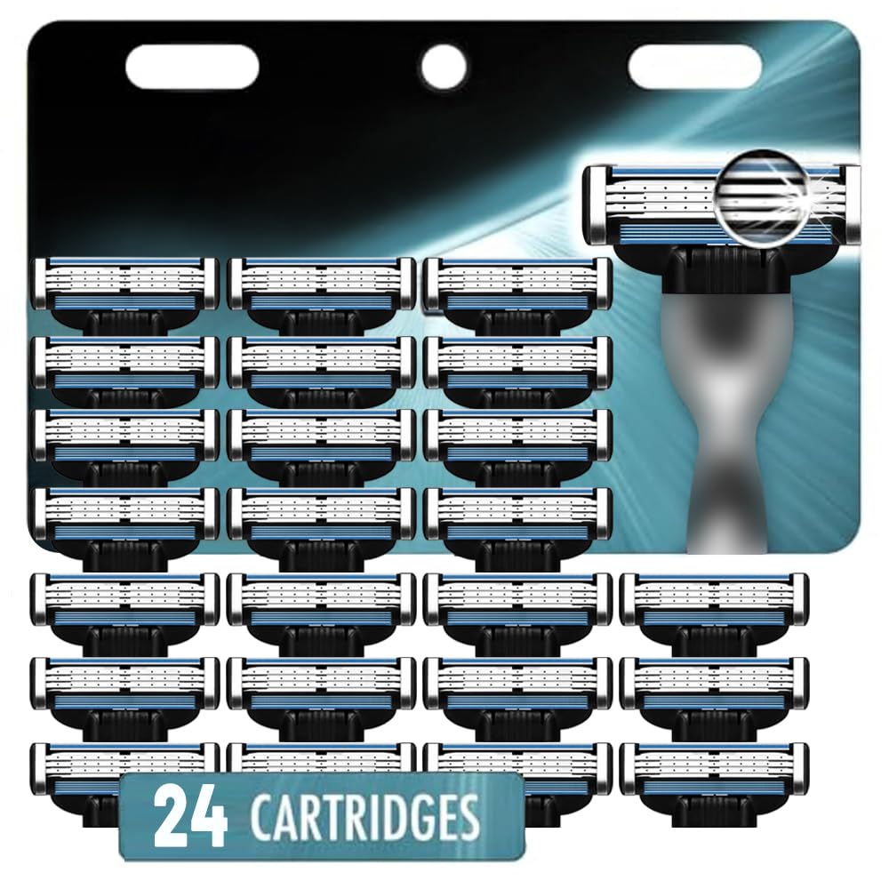 Razor Blade Refills for Men - 24PCS Mach3 Compatible Blades | Dual Lubrication for Close Shave