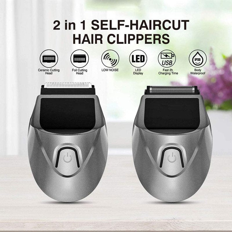 SUYOOULIN Self-Haircut Hair Clippers, Shortcut Grooming Haircut Kit, Waterproof Rechargeable Cordless Electric Hair Trimmer Men Head Clippers, 2 Cutting Heads, 4-in-1 Limit Comb (Silver)