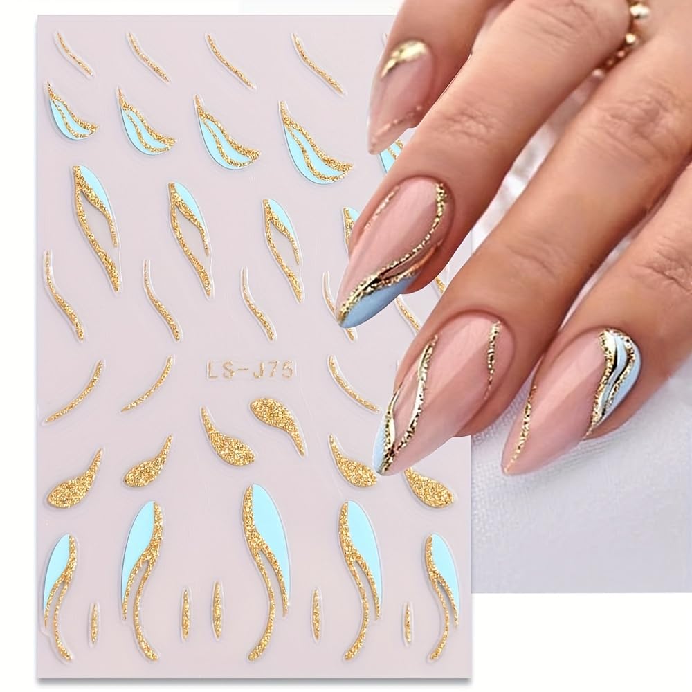 LS J73 Self Adhesive Disposable Nail Decals Fantasy Themed Stripe Pattern Matte Paper Art Stickers with Embroidery Details