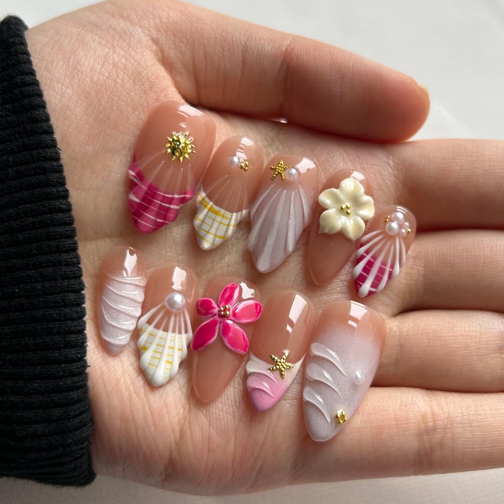 Press On Almond Nails - Handmade 3D Design, Thick Acrylic Gel | Reusable DIY Artificial Nails for Women (10 Pieces)