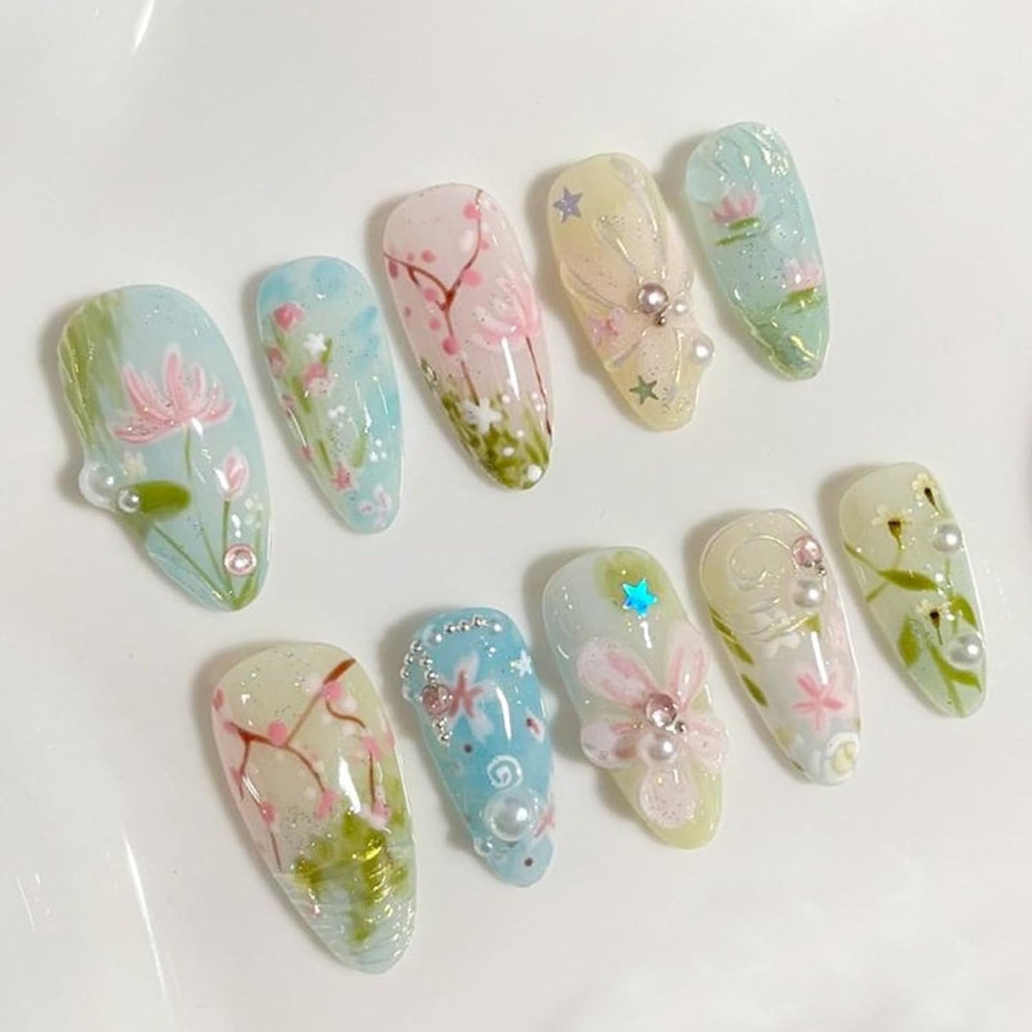 French Tip Press-On Nails - Almond Shape Medium 24 Pcs | 3D White Bow & Pearl Designs, Reusable Acrylic for Manicure