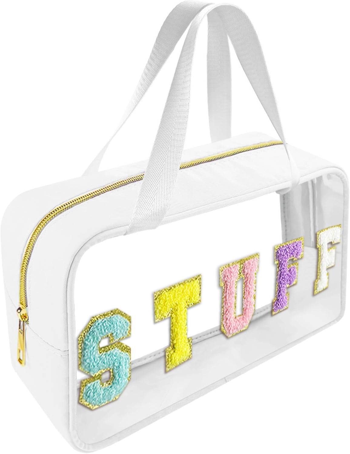 Chenille Letter Clear Makeup Bag - Waterproof Travel Toiletry Bag with Handle | Preppy Dance Patch Design (Black)