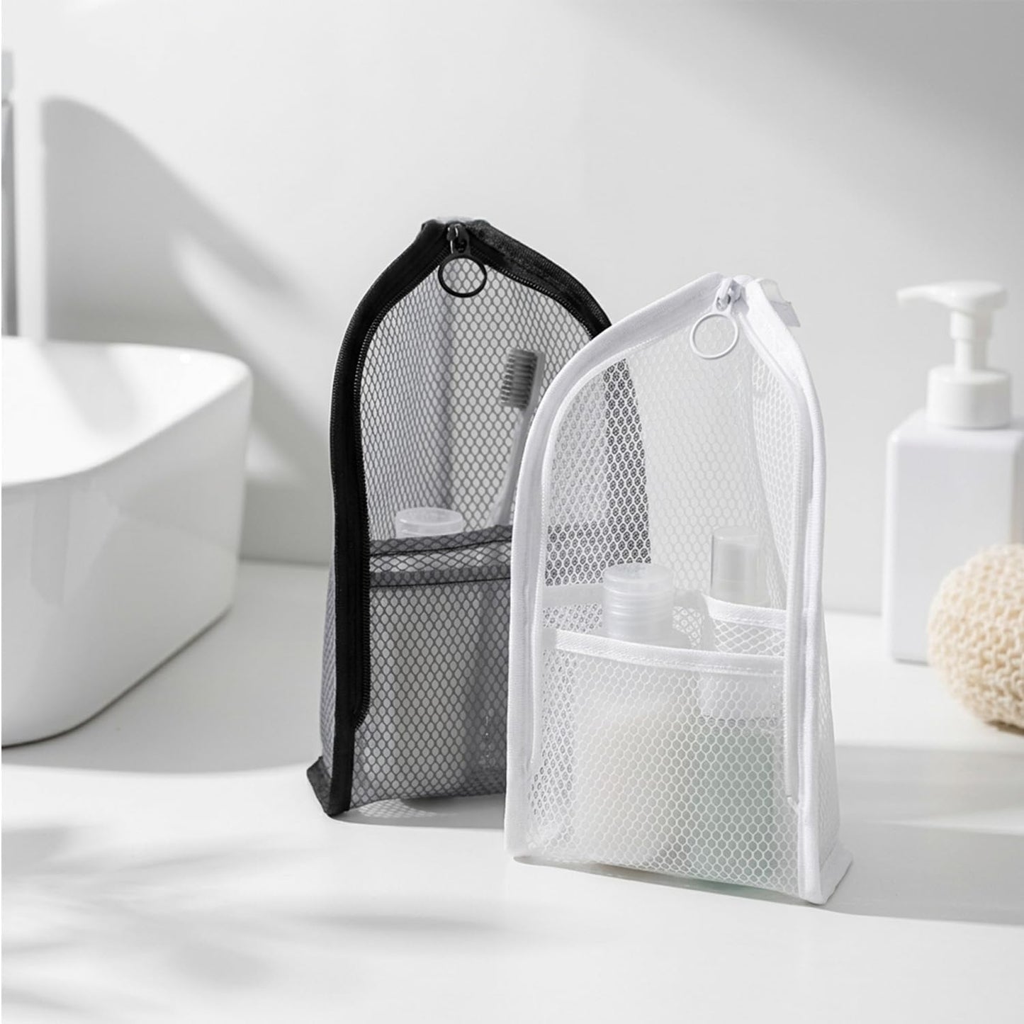 Portable Travel Toiletry Bag - Lightweight Waterproof Organizer with Large Capacity | Foldable Mesh Design (Black)