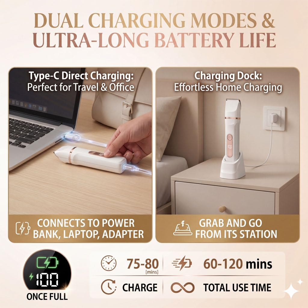 Bikini Trimmer for Women,Electric Shaver for Women, IPX7 Waterproof Razor Shaver,Women's Electric Razor,Intimate Shaver for Women,with 5 Blades,USB-C Rechargeable,Recharge Dock（White