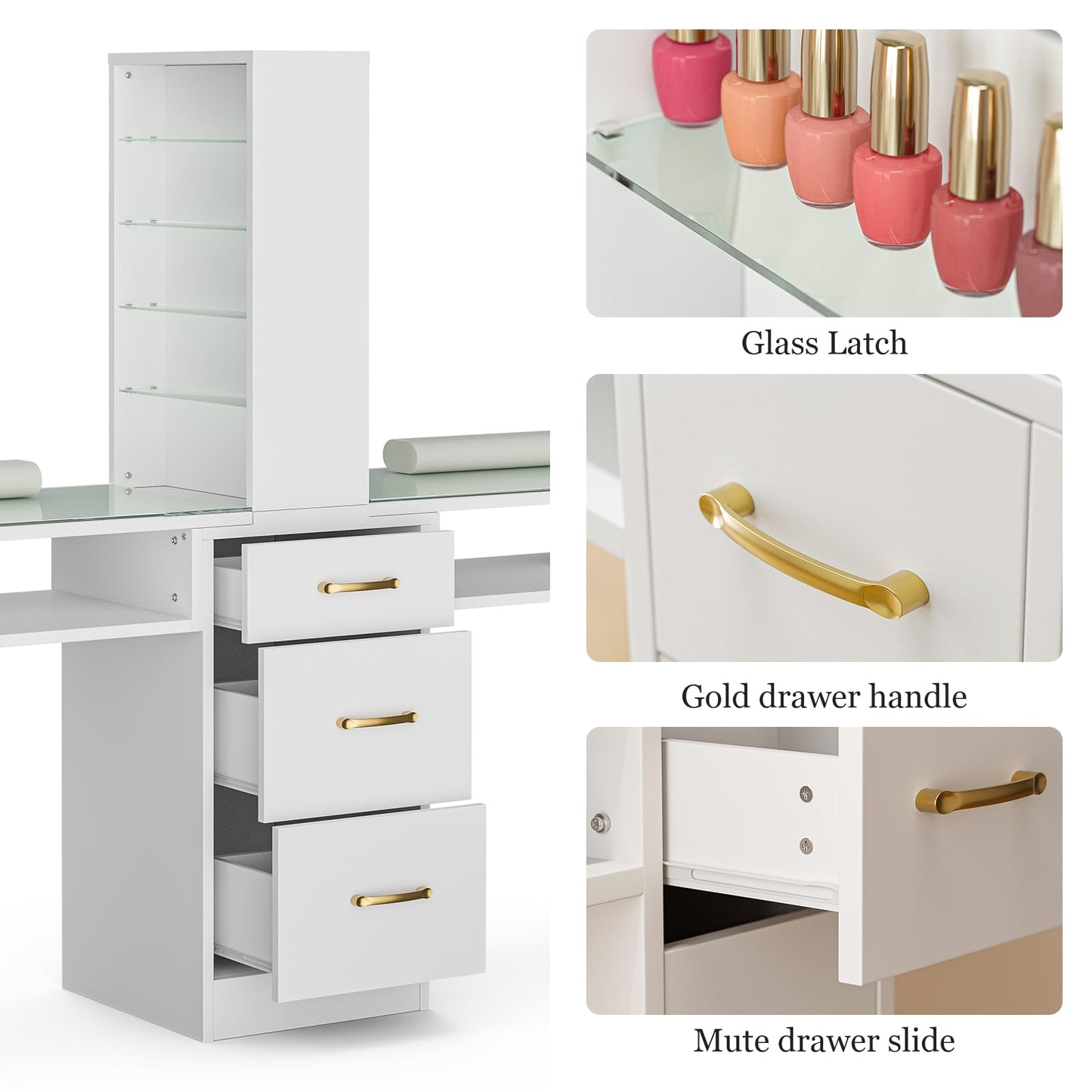 Paddie Double Manicure Table, Nail Desk for Nail Tech w/Glass Top & Wrist Rest, Nail Beauty Workstation w/3 Storage Drawers & 8-Tiers Open Shelves(White)