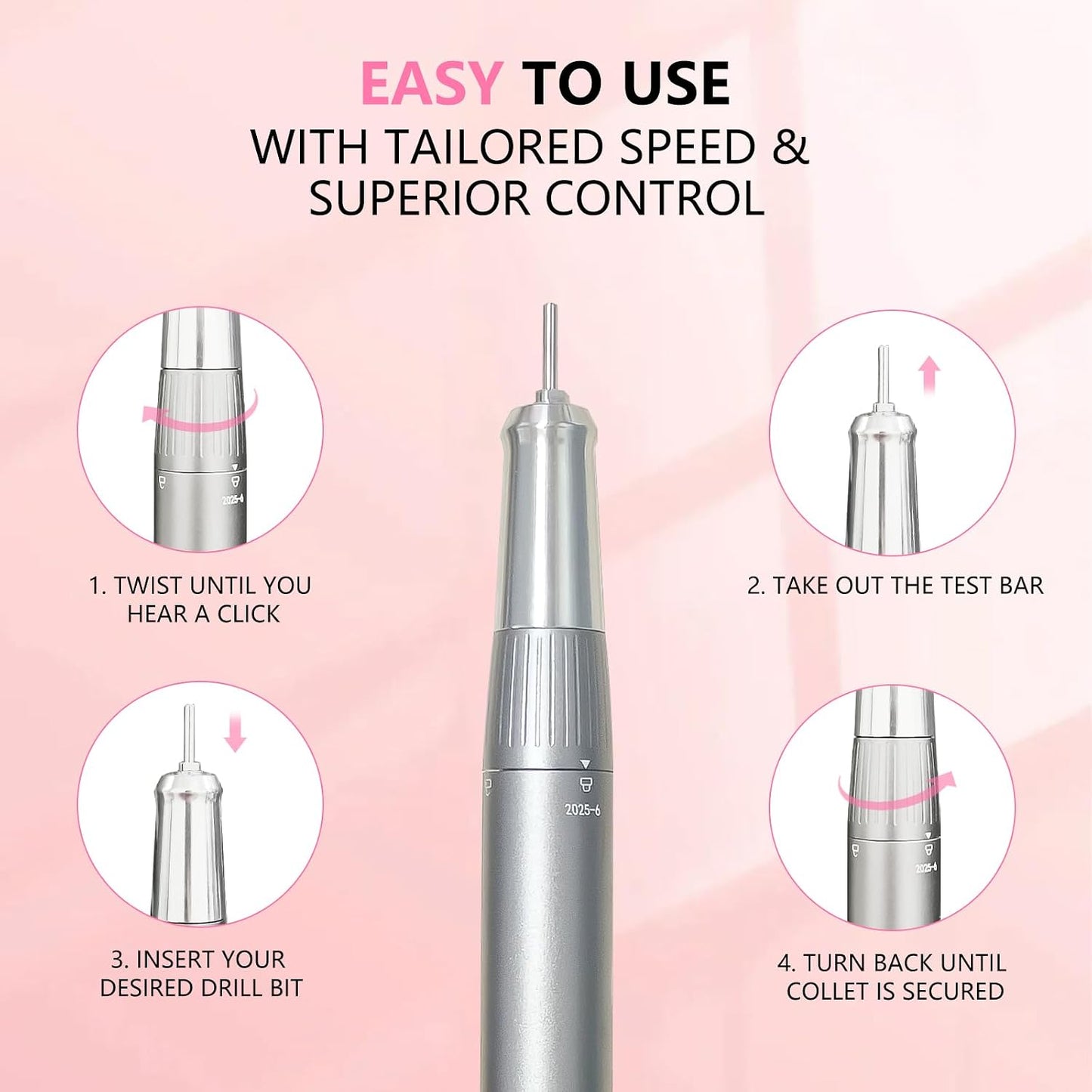 Professional Nail Drill - 40000 RPM Cordless Electric Nail File Kit with 6 Bits | Rechargeable Efile for Acrylic Gel Nails, Pink