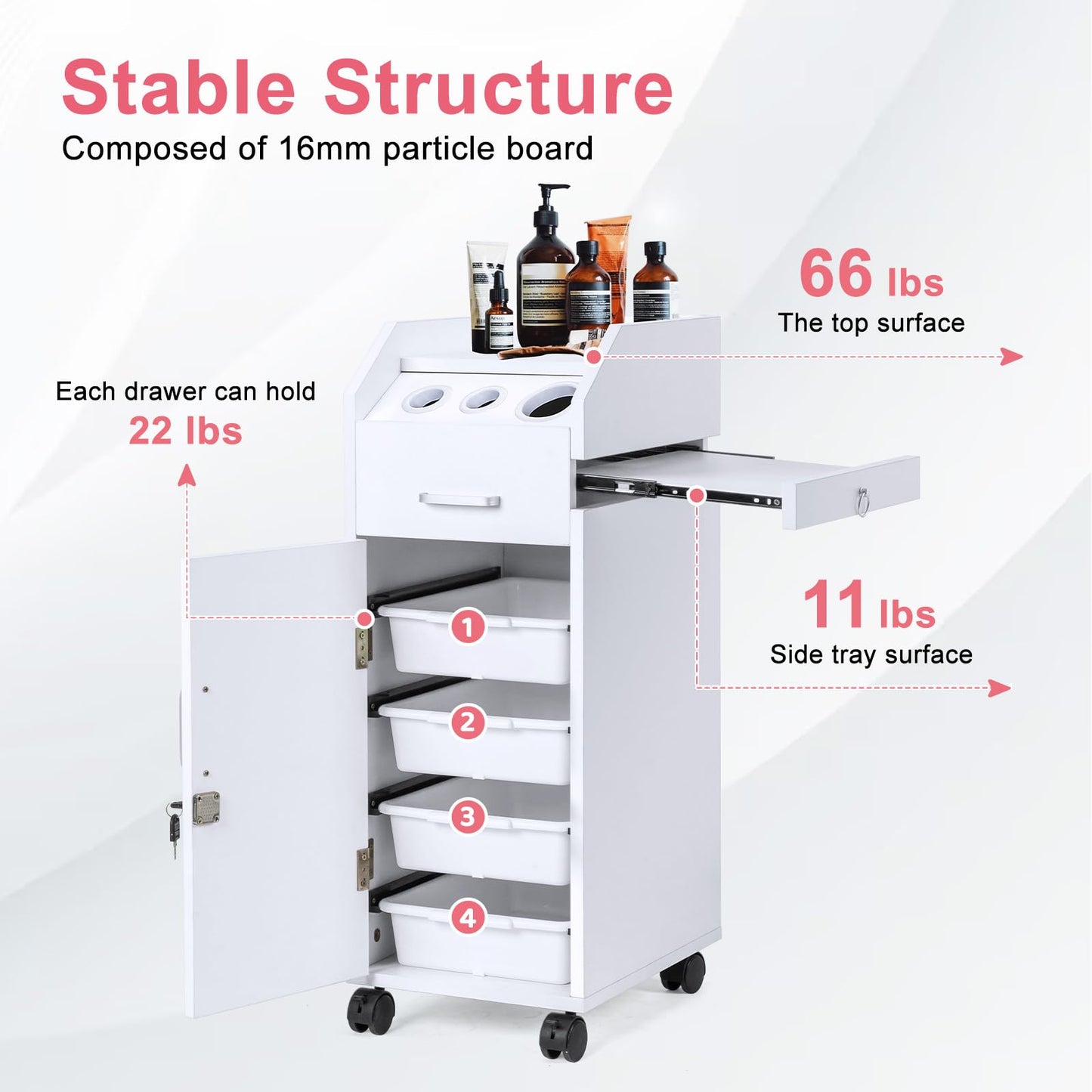 Winado Hair Salon Storage Cart with Wheels & 3 Hair Dryer Holders & 4 Drawers & Lock & 2 Keys, Hairdressing Tools Station Mobile Makeup Case, SPA Utility Trolley (White)