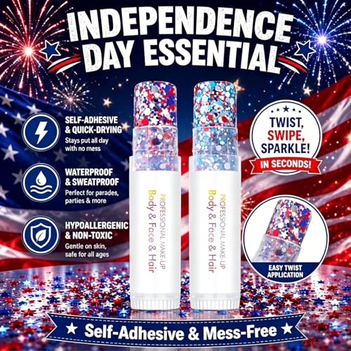 4th of July Body Glitter Stick (2PCS), Red White Blue Hair Glitter Stick, 250 Anniversary USA Merchandise, American Flag Makeup for Independence Day 250 Anniversary, Waterproof Face Glitter for Women
