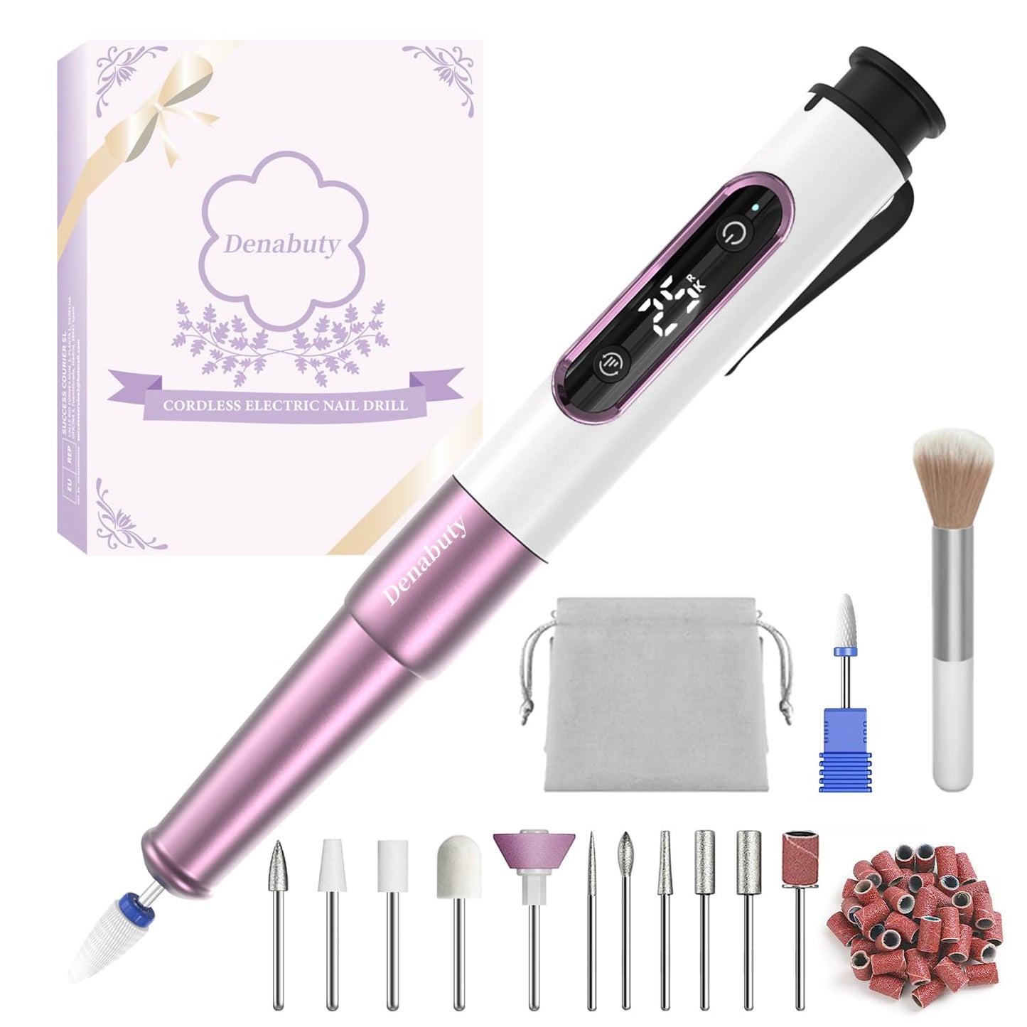 Electric Nail Drill - Cordless 12-in-1 Professional E-File with LED Display | Portable Rechargeable for Gel & Acrylic Manicure, Purple