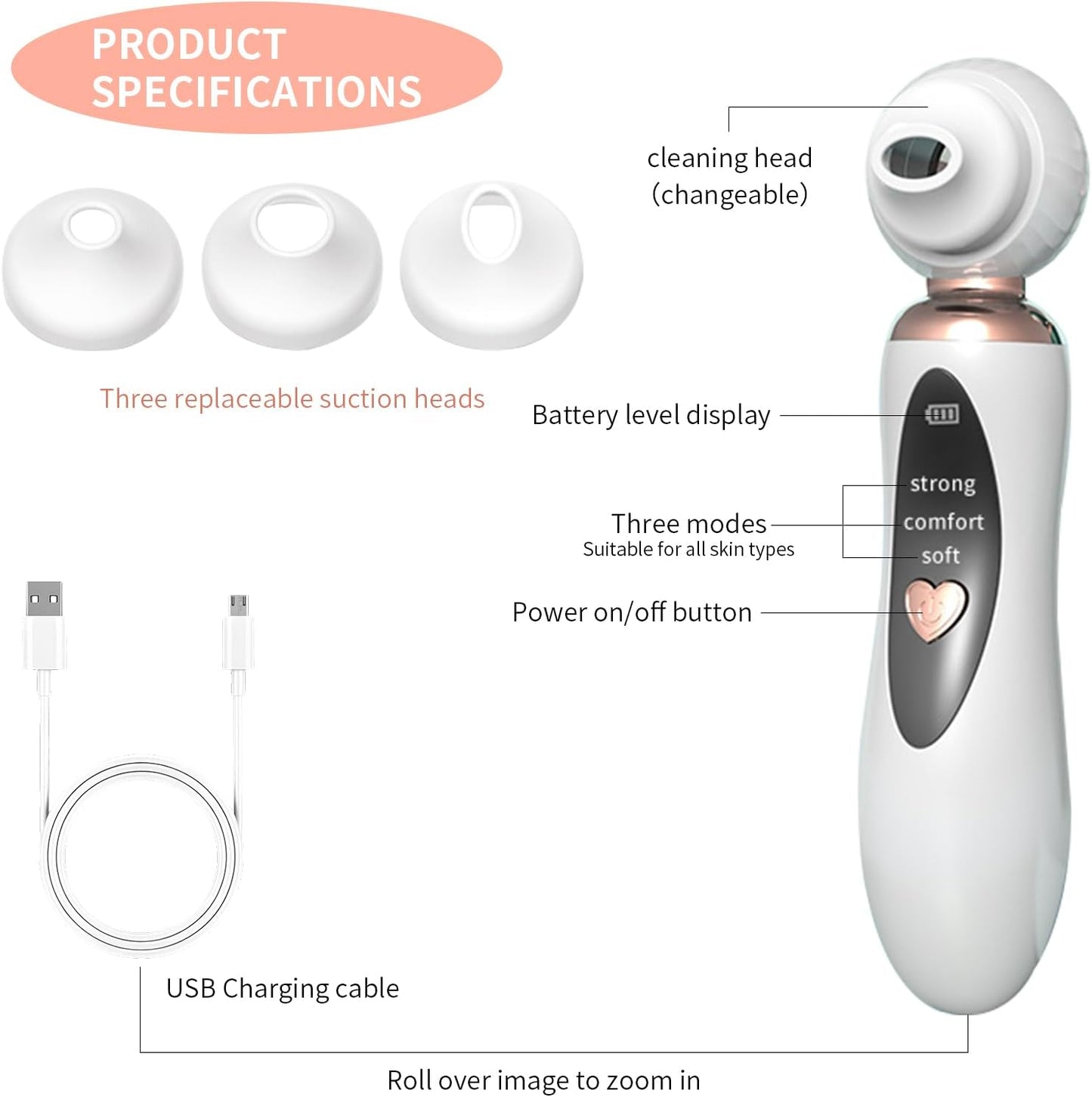 Blackhead Remover Pore Vacuum - Rechargeable Facial Cleaner with 3 Soft Silicone Probes | USB Electric Acne Extractor Tool