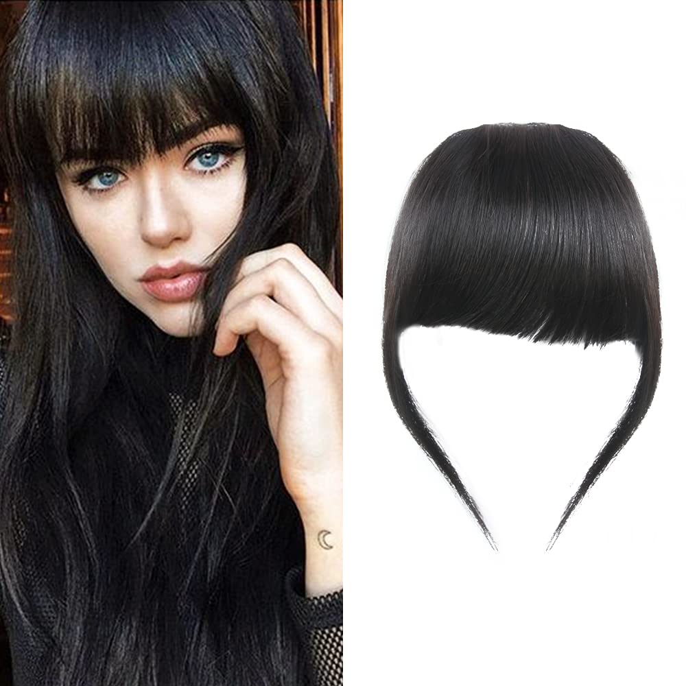 Clip-In Bangs - Natural Real Human Hair Wispy Fringe Extensions | Black Brown Flat Bangs