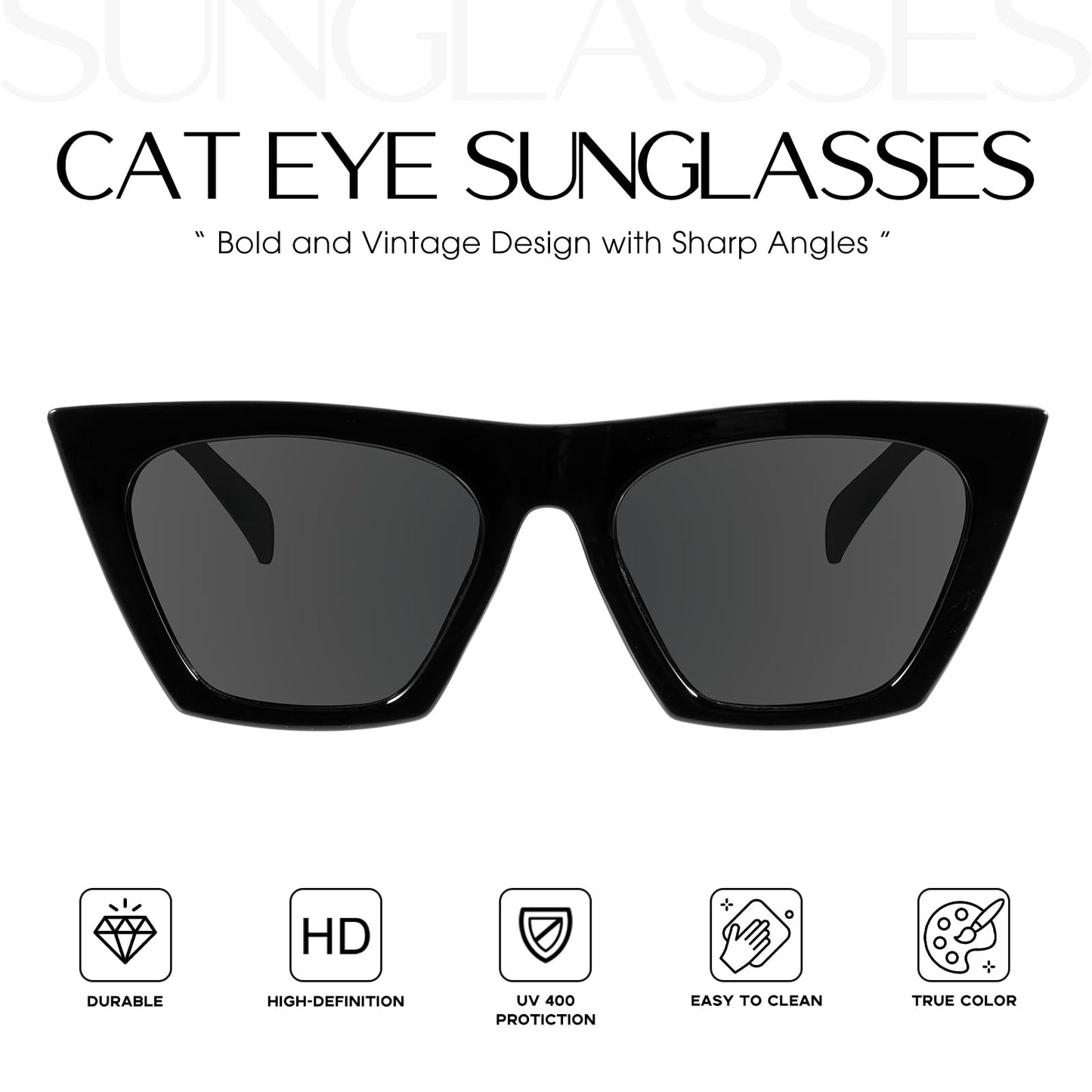 mosanana Cat Eye Sunglasses for Women Trendy Square Cateye Black Retro Cool Vintage Fashion 90s Cute Funky Ladies Small Chunky Unique MS51801