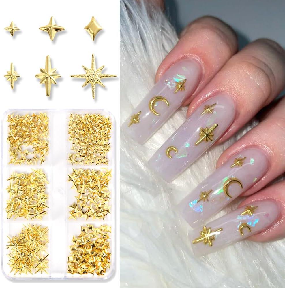 3D Star Nail Art Charms - Gold Metallic Studs & Rhinestones | Mixed Styles for DIY Manicure Supplies