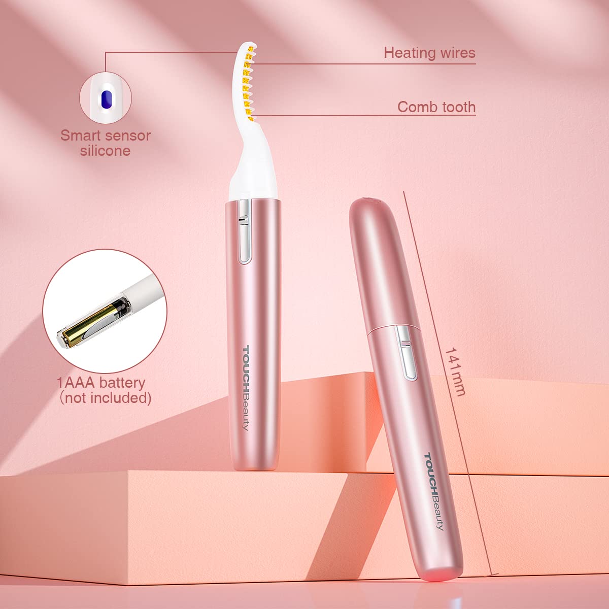 TOUCHBeauty Heated Eyelash Curler - Electric Eyelash Curler with Comb - Lash Curler for Painless Quick Natural Curling(Battery is Not Included), Pink