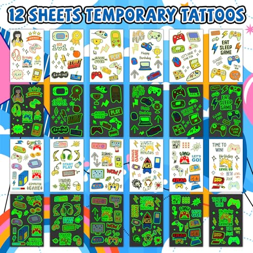 EMOME 140 Styles Luminous Temporary Tattoos for Kids – Video Game Party Favors (12 sheets)