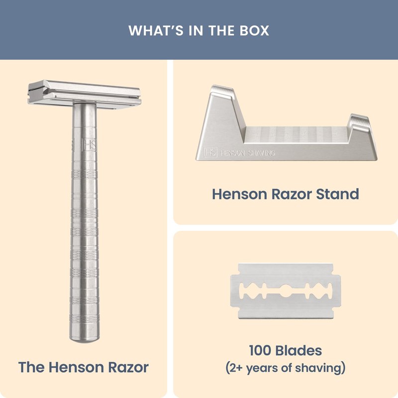 Henson AL13 Safety Razor Shave Set – Includes Safety Razor, Stand & 100 Razor Blades – Gentle, Precision Shaving Kit for Men & Women – Aluminum Double Edge Razor for Smooth, Irritation-Free Shaves