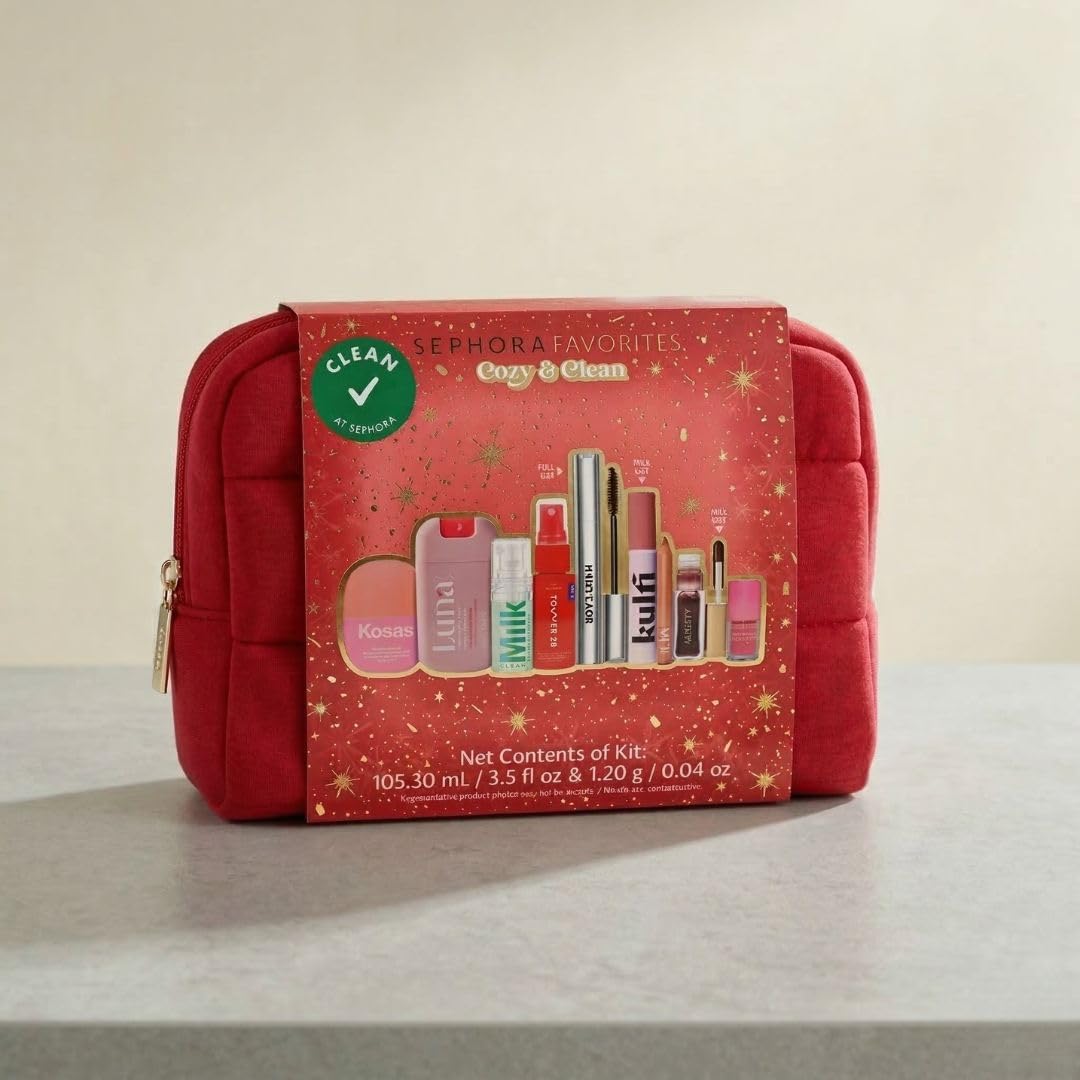 Cozy & Clean Makeup Holiday Gift Set | 9 Clean Beauty Essentials, Lip, Primer, Mascara & Skincare