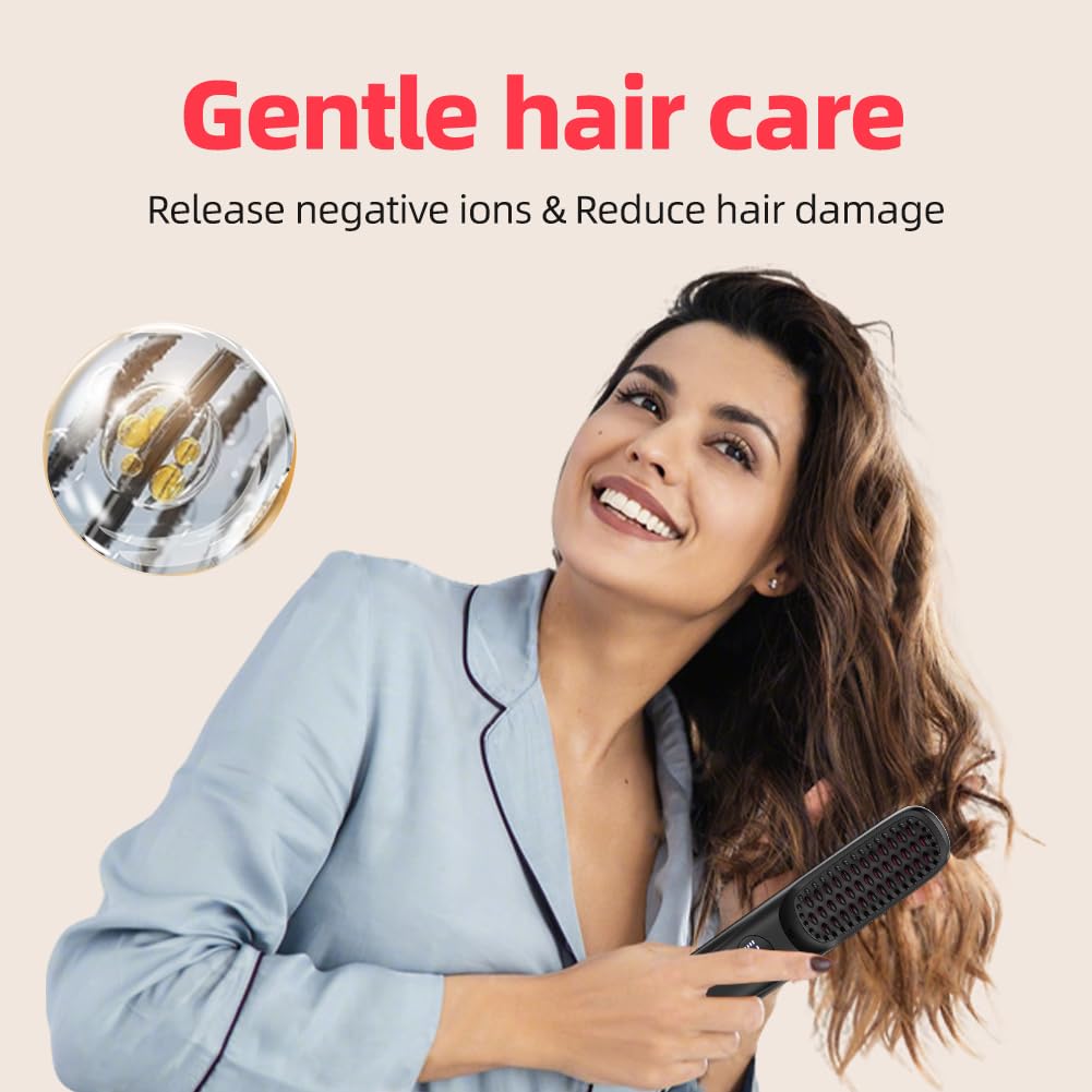 Cordless Hair Straightener Brush for Travel Portable Hair Straightener Comb with Negative Ion Mini hot Brush for Women, on-The-go Rechargeable with LED Display Anti-Scald Protection