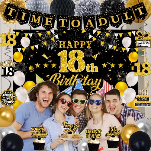 Black Gold 18th Birthday Decorations Set for Boys - 52pcs