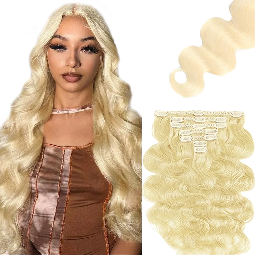 #613 Blonde Clip in Hair Extensions Real Human Hair, 26 Inch 120g/7Pcs,Full Shine Remy Human Hair,Blonde Body Wave Clip ins Brazilian Virgin Human Hair Extensions